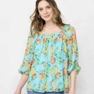 LC Lauren Conrad Women’s Square Neck Peasant Top Sheer Fruit Print XXL